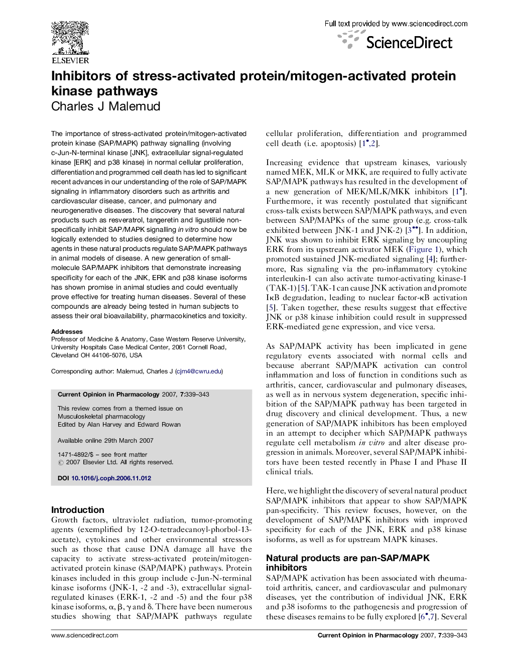 عکس صفحه اول مقاله: Inhibitors of stress-activated protein/mitogen-activated protein kinase pathways Inhibitors of stress-activated protein/mitogen-activated protein kinase pathways