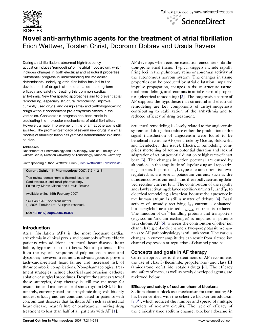 Novel anti-arrhythmic agents for the treatment of atrial fibrillation