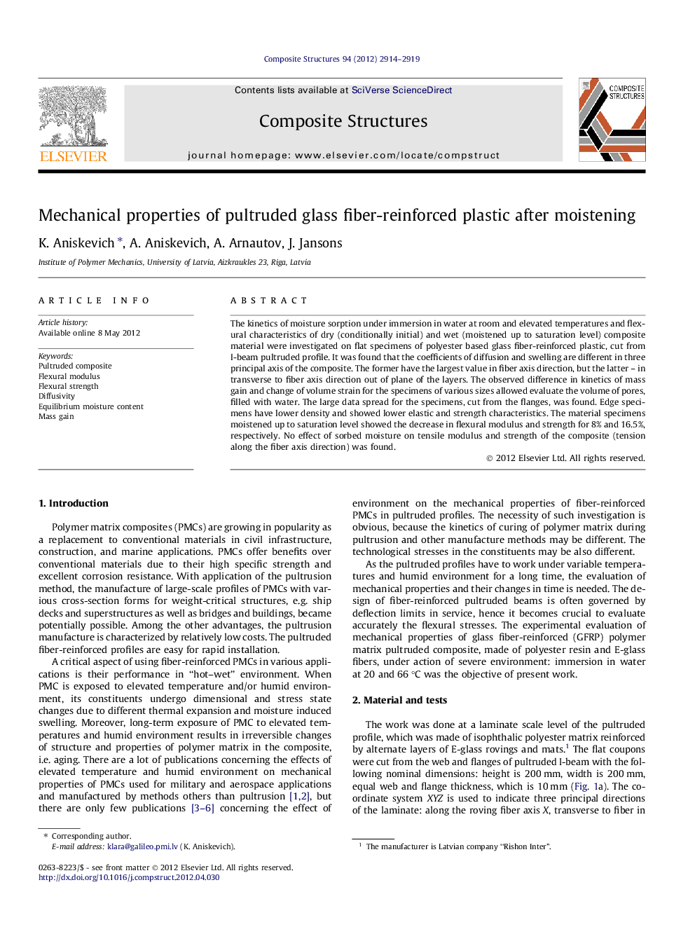 Mechanical properties of pultruded glass fiber-reinforced plastic after moistening