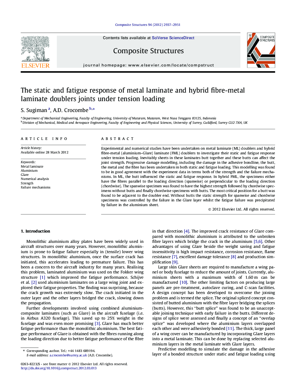 عکس صفحه اول مقاله: The static and fatigue response of metal laminate and hybrid fibre-metal laminate doublers joints under tension loading The static and fatigue response of metal laminate and hybrid fibre-metal laminate doublers joints under tension loading