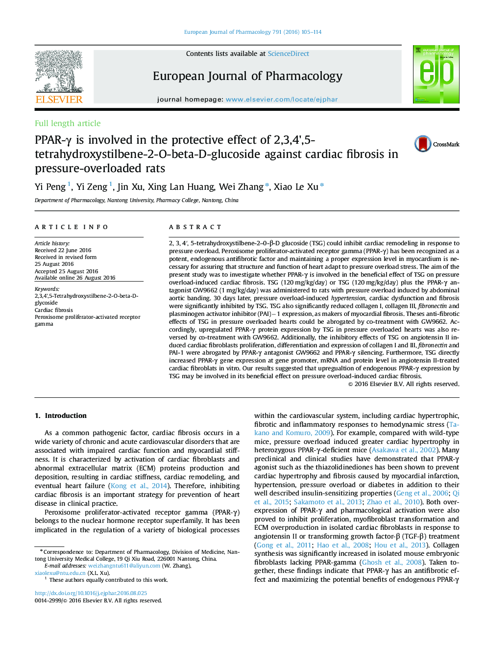 PPAR-Î³ is involved in the protective effect of 2,3,4',5-tetrahydroxystilbene-2-O-beta-D-glucoside against cardiac fibrosis in pressure-overloaded rats