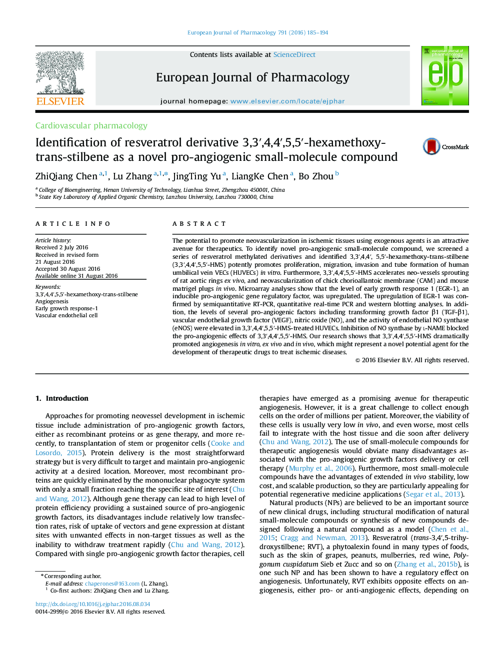 Identification of resveratrol derivative 3,3′,4,4′,5,5′-hexamethoxy- trans-stilbene as a novel pro-angiogenic small-molecule compound