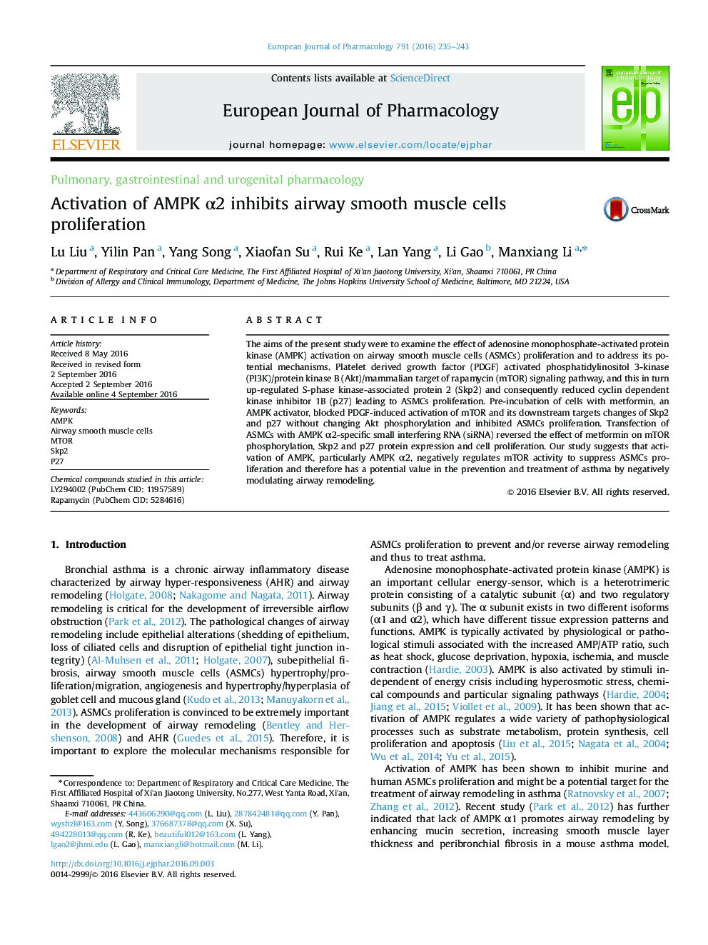 Activation of AMPK α2 inhibits airway smooth muscle cells proliferation