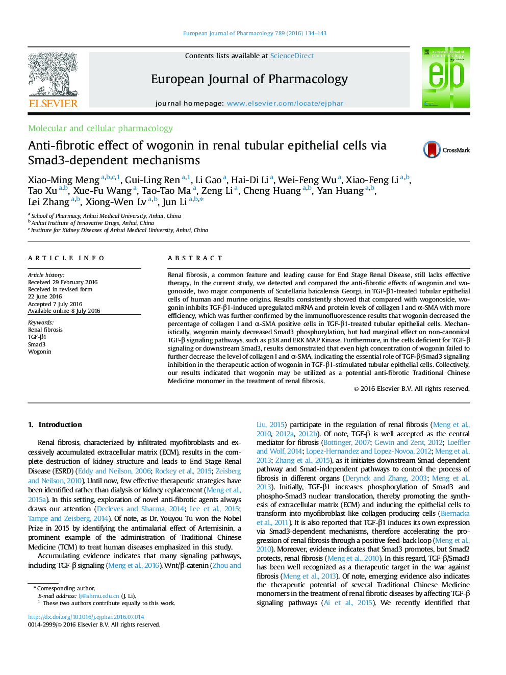 Anti-fibrotic effect of wogonin in renal tubular epithelial cells via Smad3-dependent mechanisms