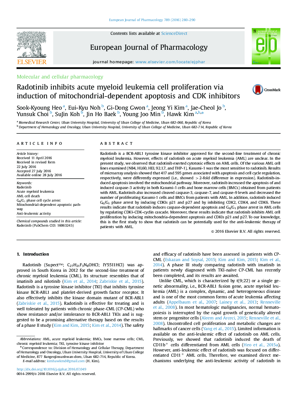 Radotinib inhibits acute myeloid leukemia cell proliferation via induction of mitochondrial-dependent apoptosis and CDK inhibitors