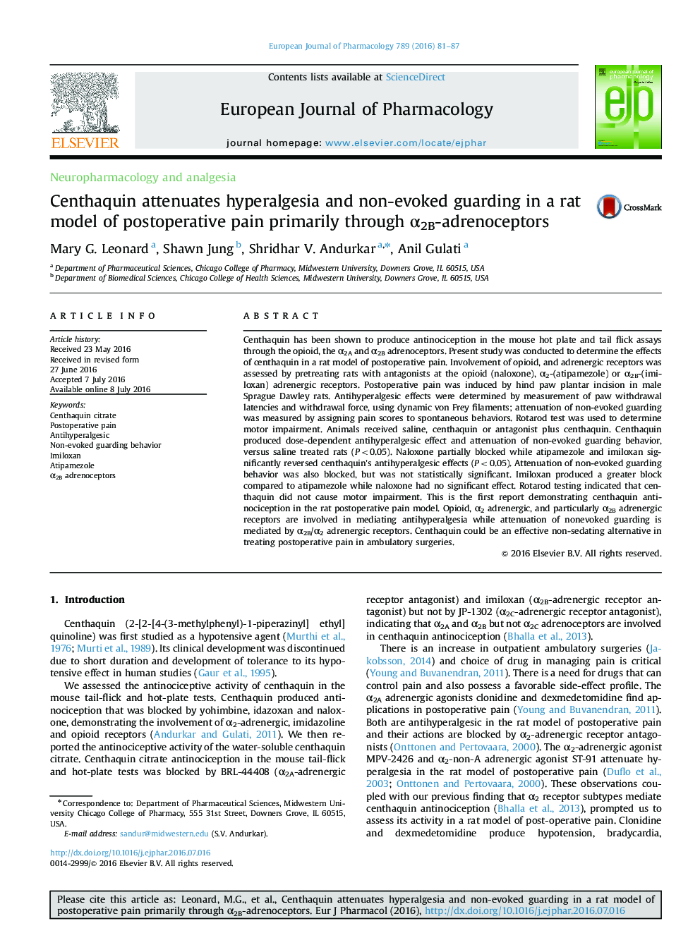 Centhaquin attenuates hyperalgesia and non-evoked guarding in a rat model of postoperative pain primarily through α2B-adrenoceptors