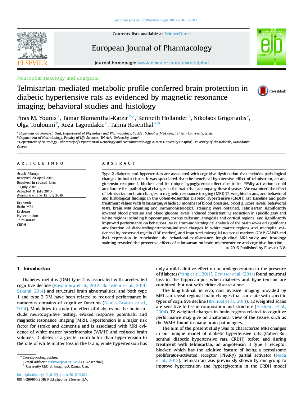 Telmisartan-mediated metabolic profile conferred brain protection in diabetic hypertensive rats as evidenced by magnetic resonance imaging, behavioral studies and histology