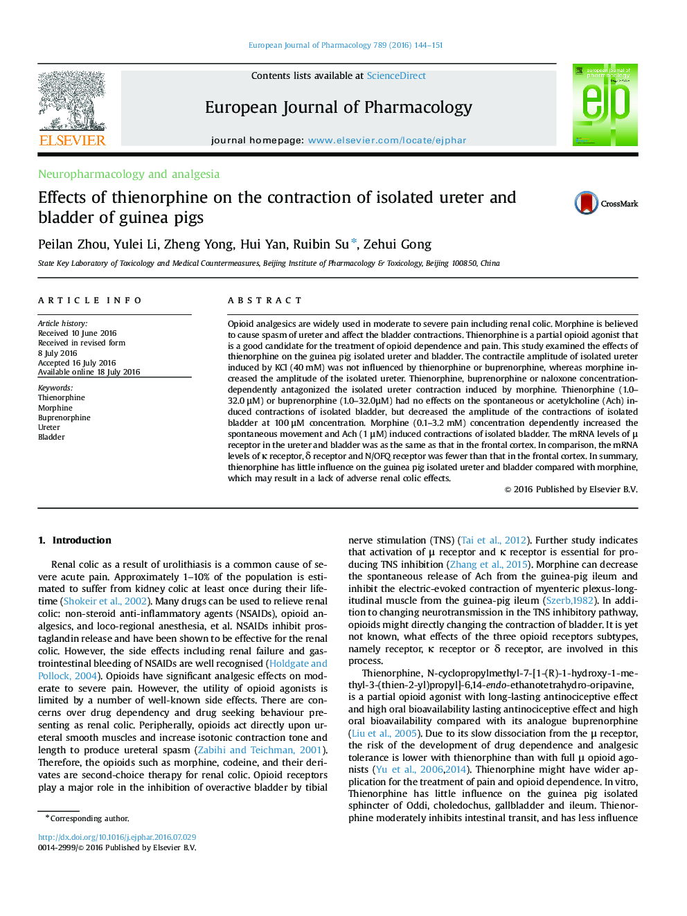 Effects of thienorphine on the contraction of isolated ureter and bladder of guinea pigs