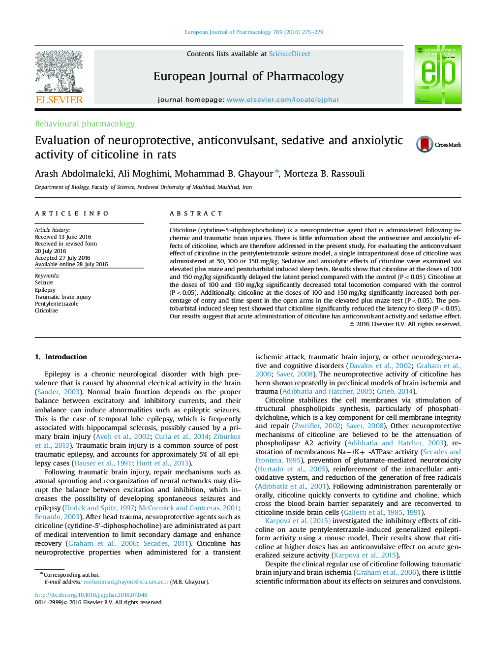 Evaluation of neuroprotective, anticonvulsant, sedative and anxiolytic activity of citicoline in rats
