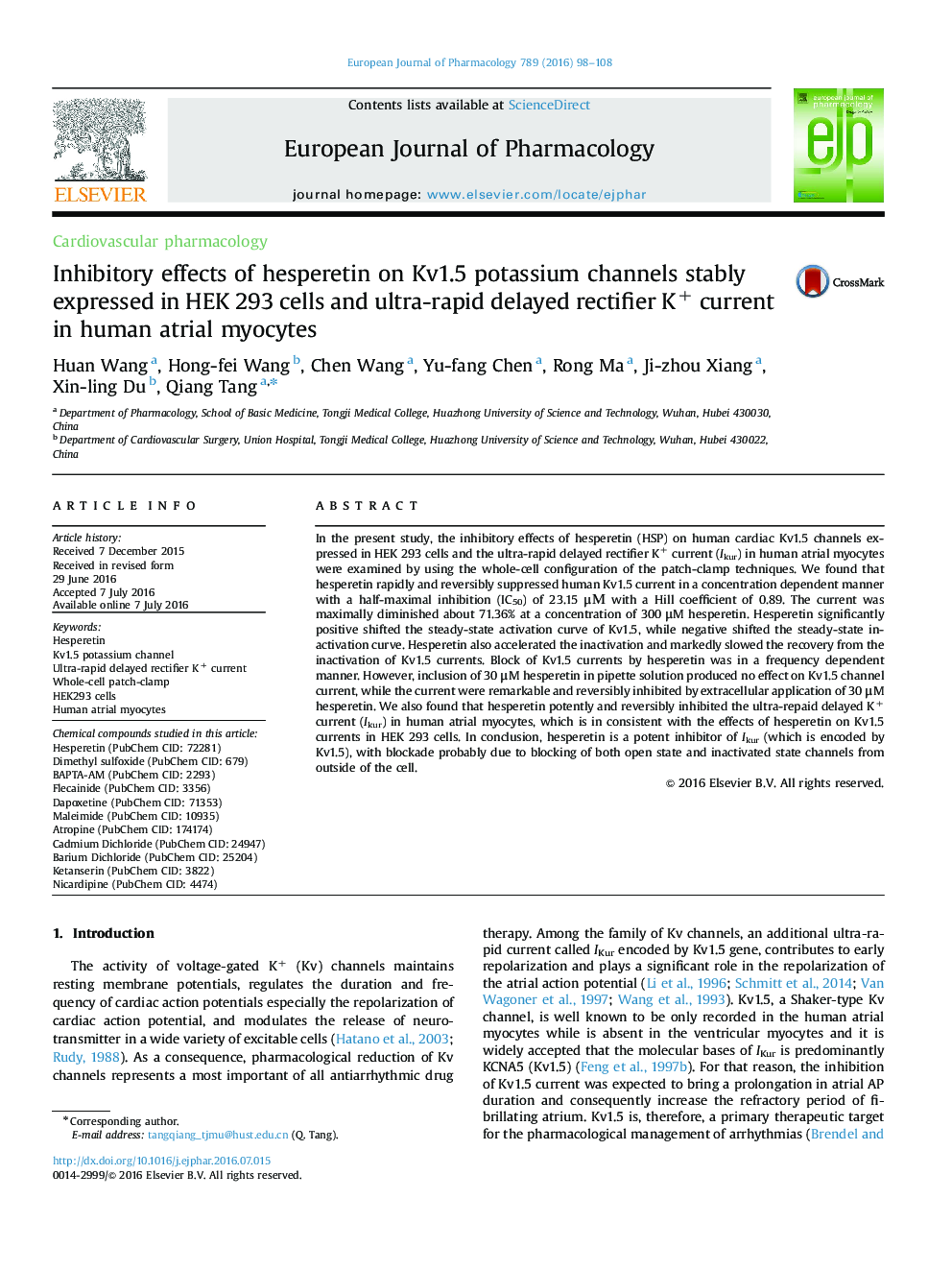 Inhibitory effects of hesperetin on Kv1.5 potassium channels stably expressed in HEK 293 cells and ultra-rapid delayed rectifier K+ current in human atrial myocytes