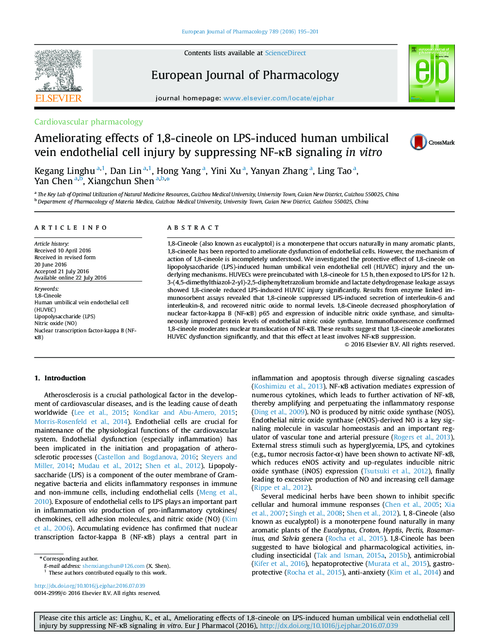 Ameliorating effects of 1,8-cineole on LPS-induced human umbilical vein endothelial cell injury by suppressing NF-κB signaling in vitro