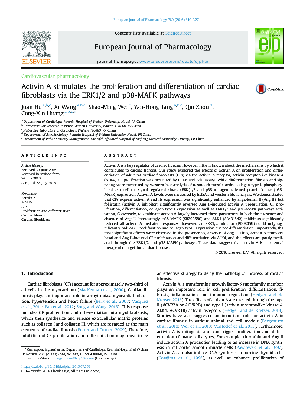 Activin A stimulates the proliferation and differentiation of cardiac fibroblasts via the ERK1/2 and p38-MAPK pathways