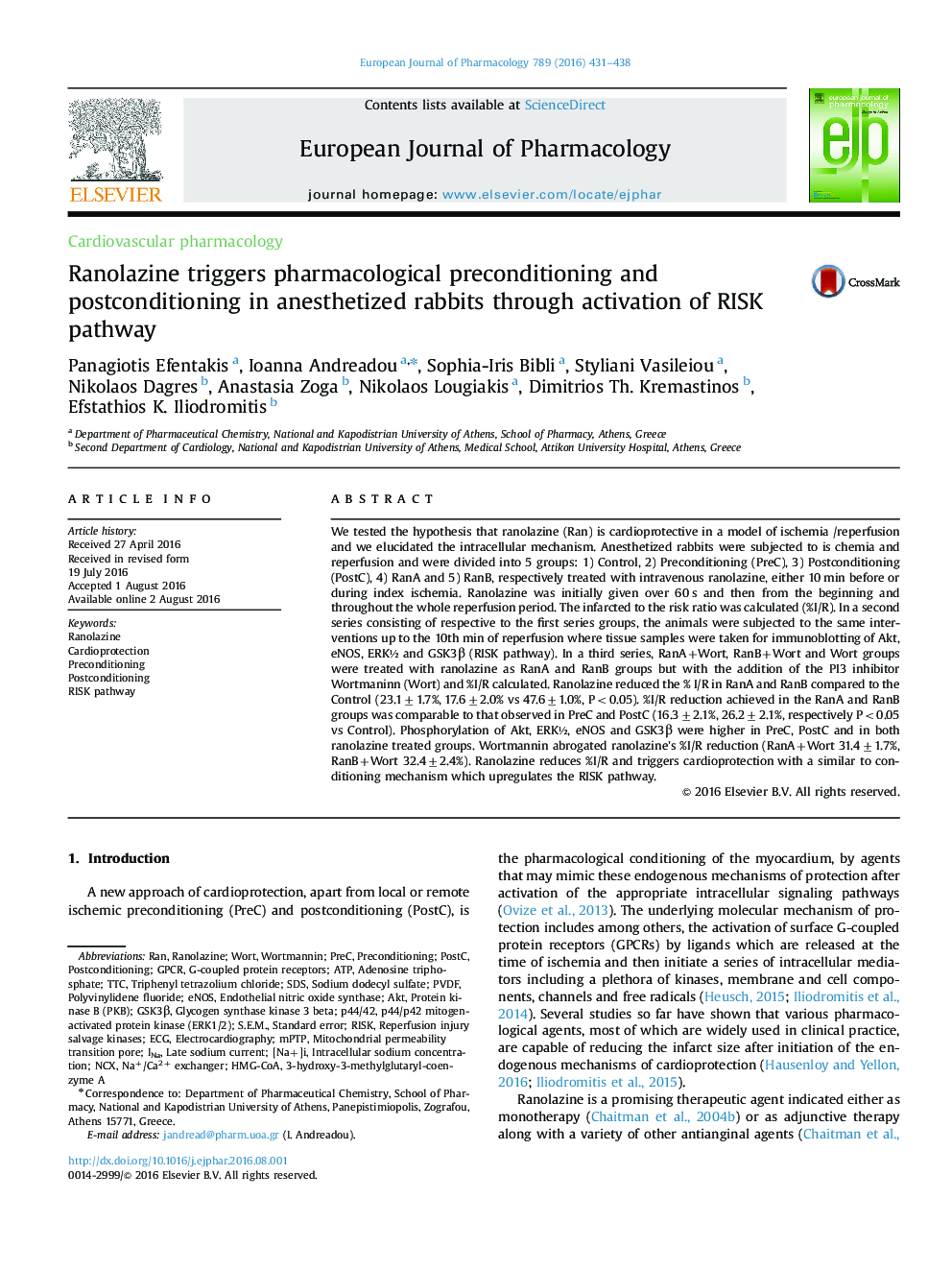 Ranolazine triggers pharmacological preconditioning and postconditioning in anesthetized rabbits through activation of RISK pathway