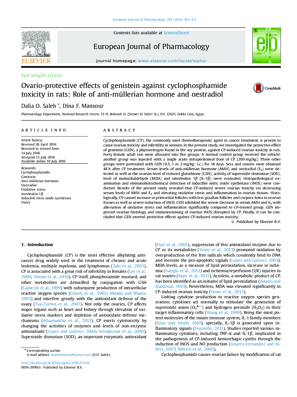 Ovario-protective effects of genistein against cyclophosphamide toxicity in rats: Role of anti-müllerian hormone and oestradiol