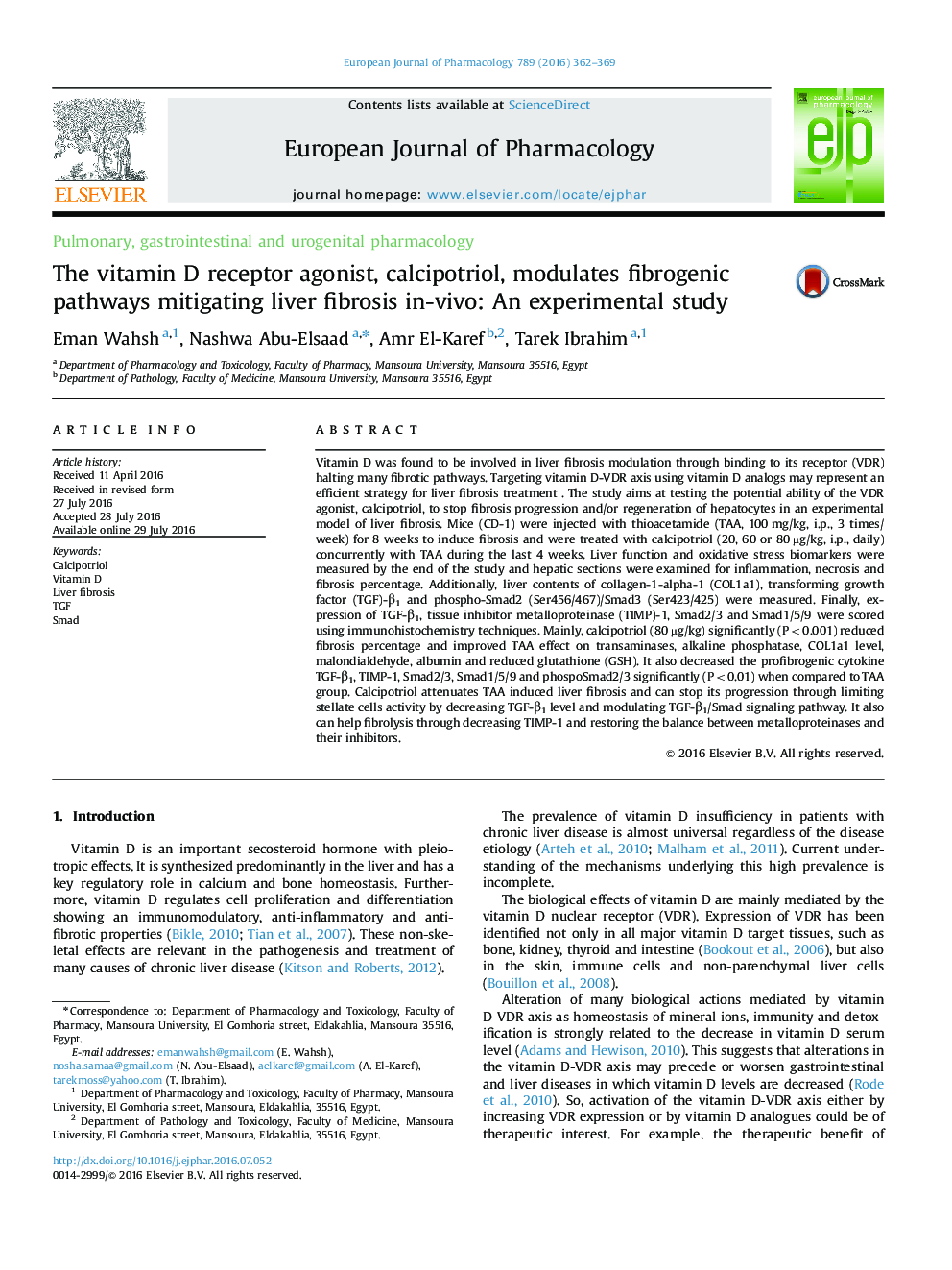 The vitamin D receptor agonist, calcipotriol, modulates fibrogenic pathways mitigating liver fibrosis in-vivo: An experimental study