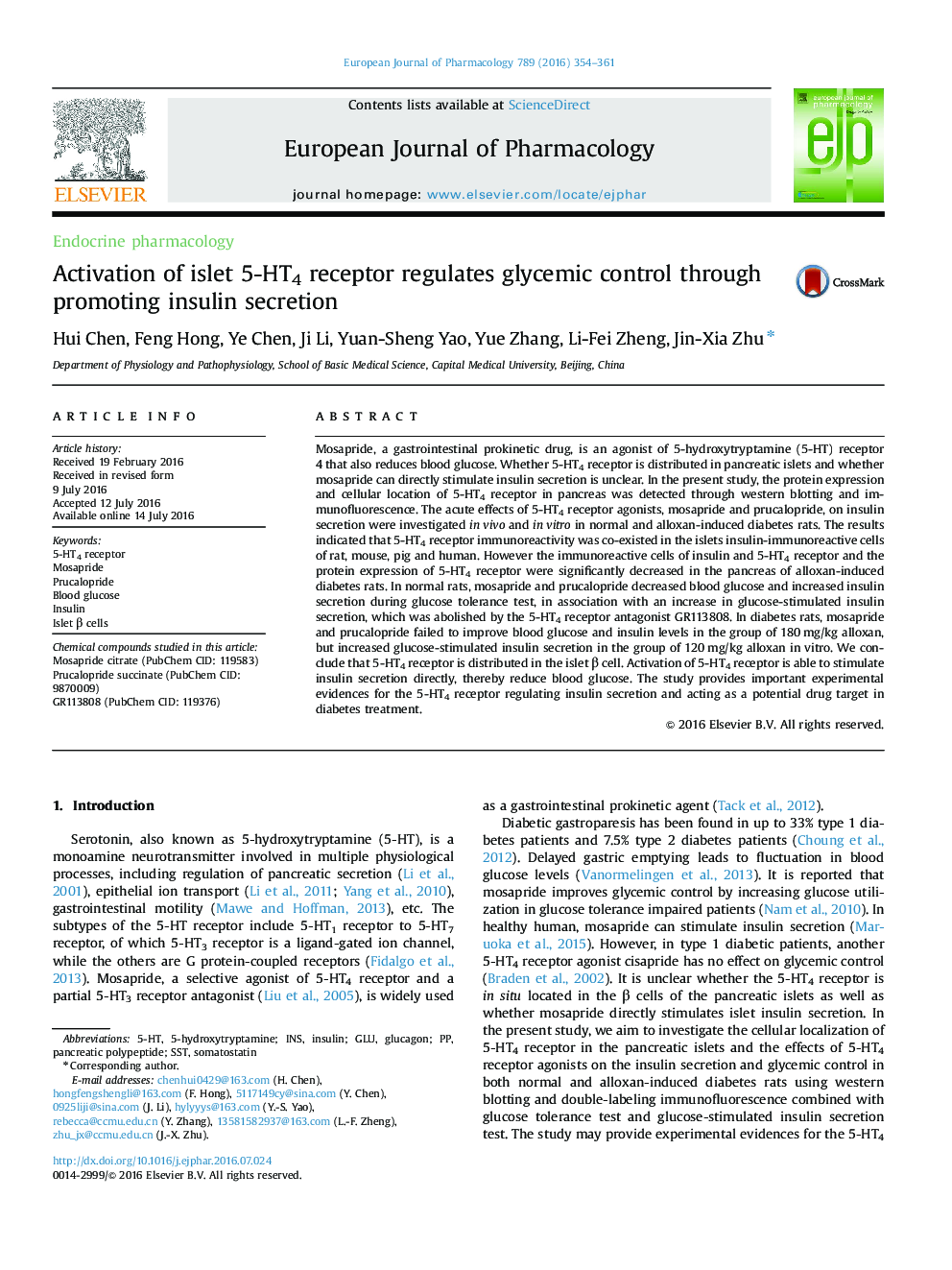 Activation of islet 5-HT4 receptor regulates glycemic control through promoting insulin secretion