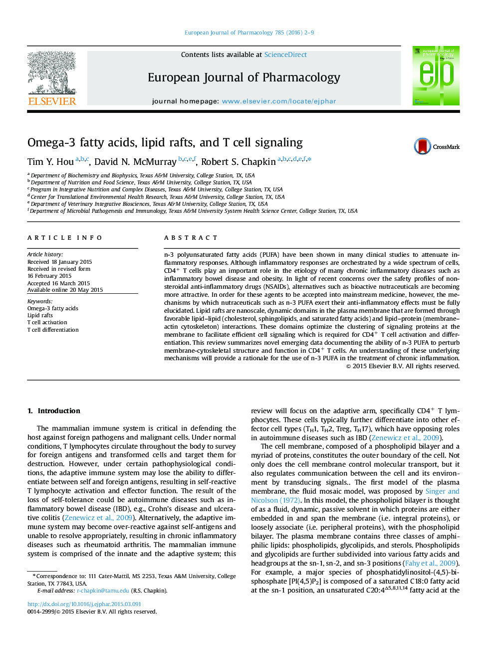 Omega-3 fatty acids, lipid rafts, and T cell signaling