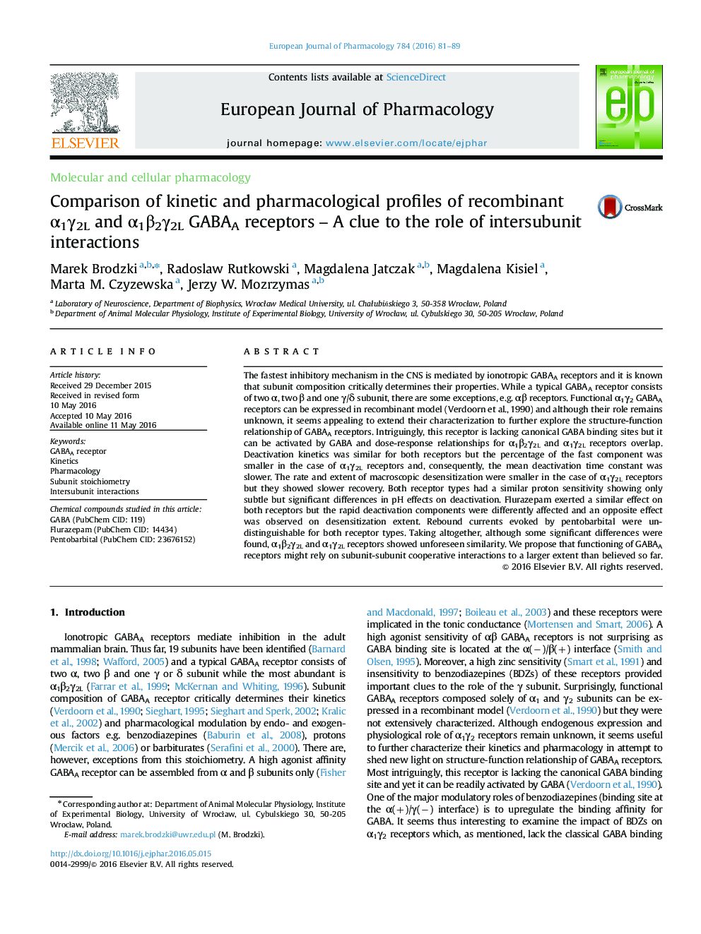 Comparison of kinetic and pharmacological profiles of recombinant α1γ2L and α1β2γ2L GABAA receptors – A clue to the role of intersubunit interactions