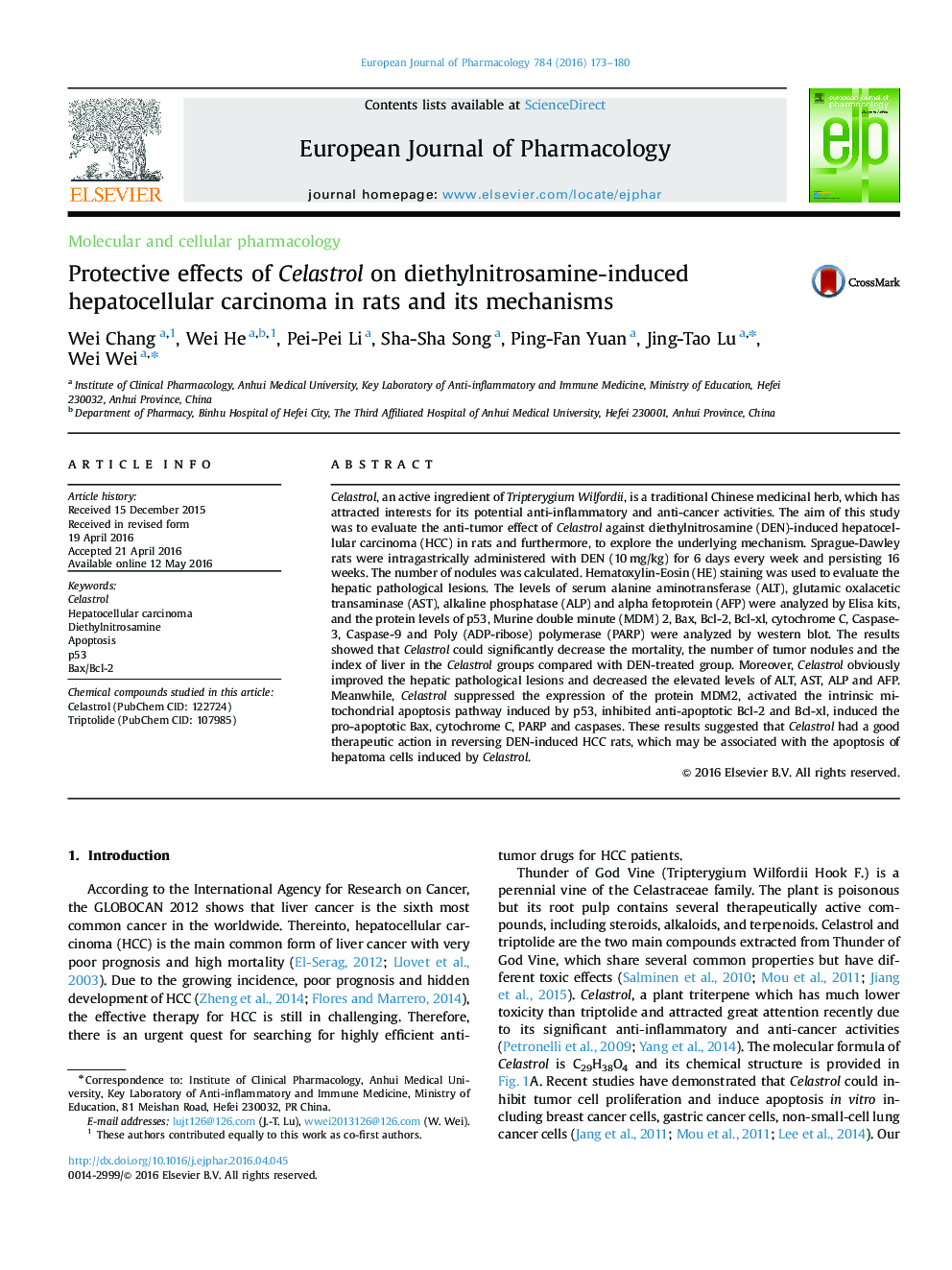 Protective effects of Celastrol on diethylnitrosamine-induced hepatocellular carcinoma in rats and its mechanisms