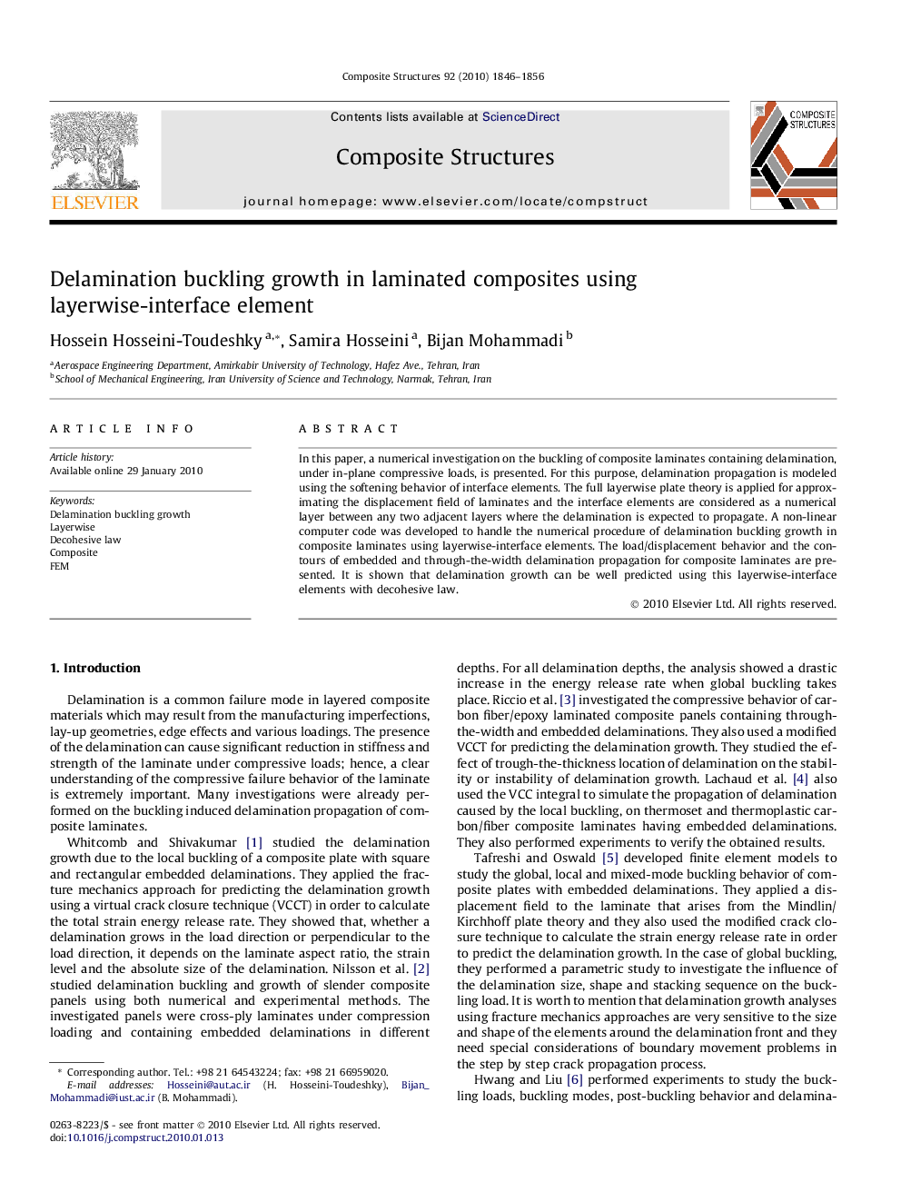 عکس صفحه اول مقاله: Delamination buckling growth in laminated composites using layerwise-interface element Delamination buckling growth in laminated composites using layerwise-interface element