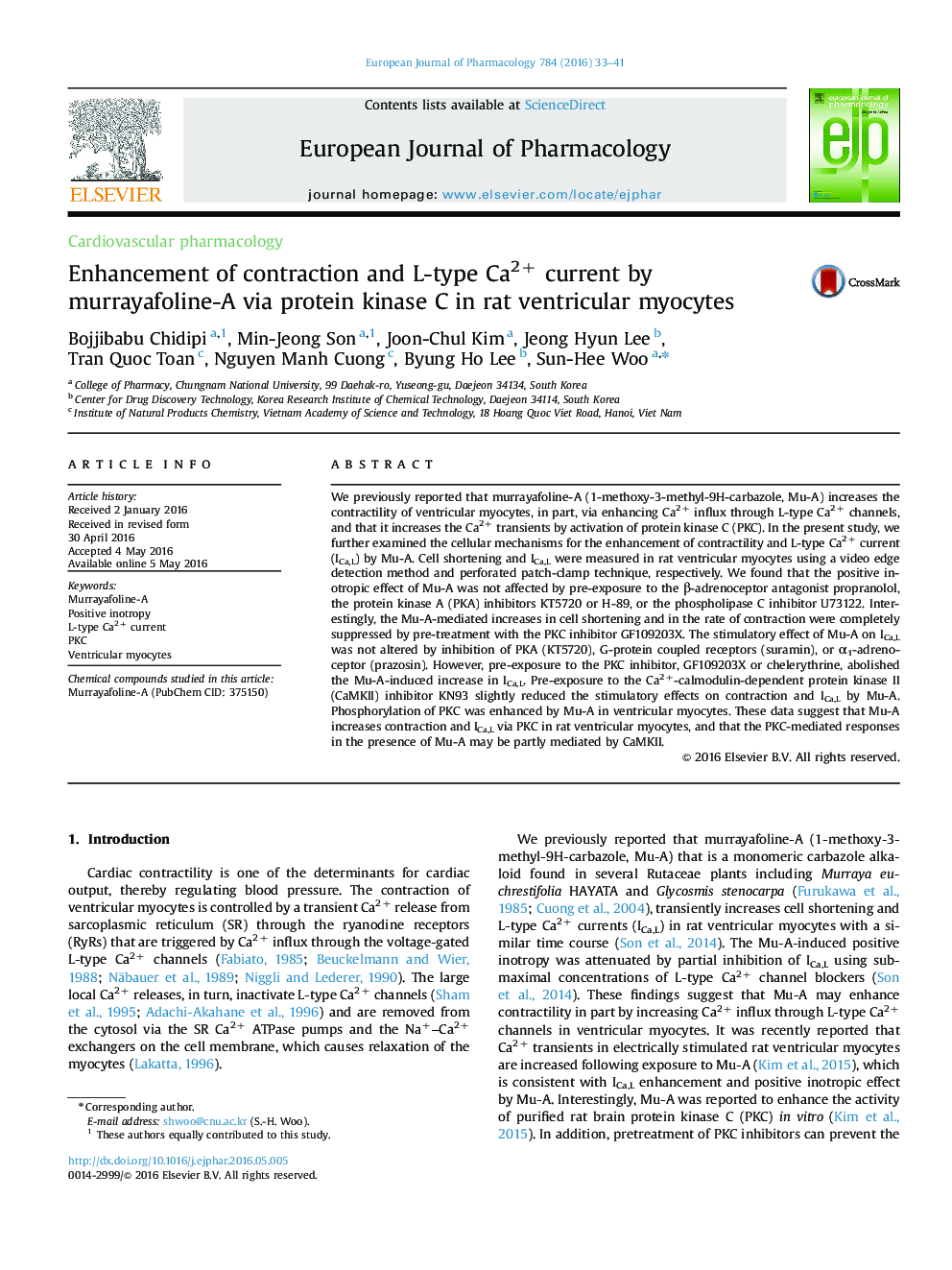 Enhancement of contraction and L-type Ca2+ current by murrayafoline-A via protein kinase C in rat ventricular myocytes