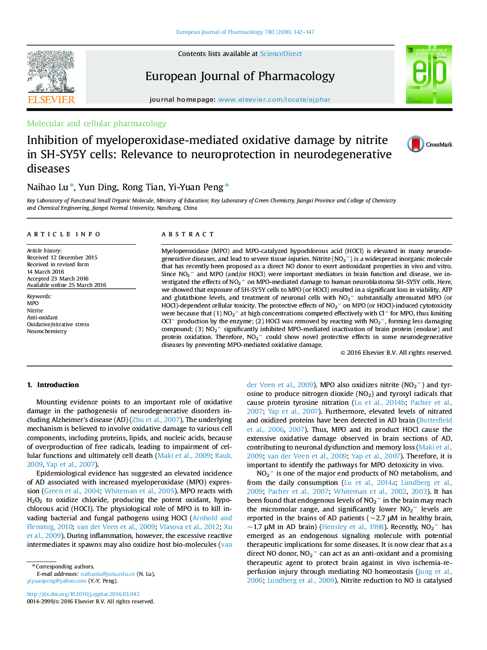 Inhibition of myeloperoxidase-mediated oxidative damage by nitrite in SH-SY5Y cells: Relevance to neuroprotection in neurodegenerative diseases