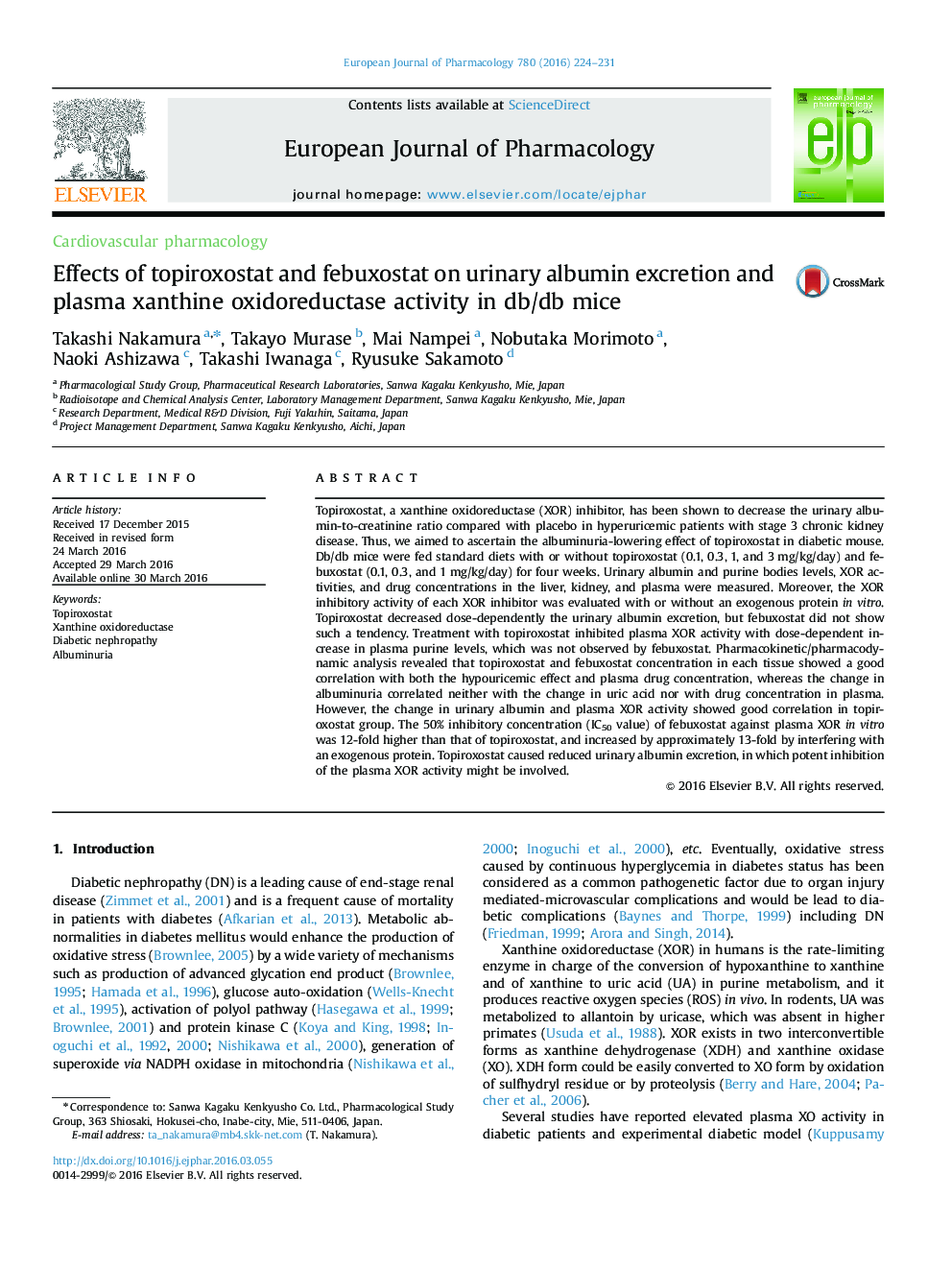 Effects of topiroxostat and febuxostat on urinary albumin excretion and plasma xanthine oxidoreductase activity in db/db mice