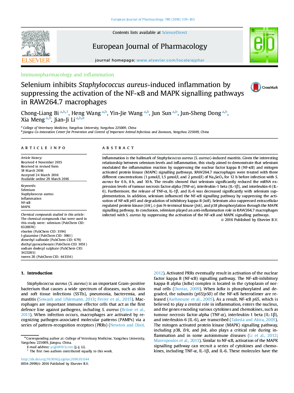 Selenium inhibits Staphylococcus aureus-induced inflammation by suppressing the activation of the NF-κB and MAPK signalling pathways in RAW264.7 macrophages