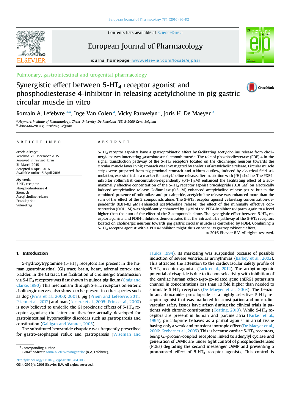 Synergistic effect between 5-HT4 receptor agonist and phosphodiesterase 4-inhibitor in releasing acetylcholine in pig gastric circular muscle in vitro