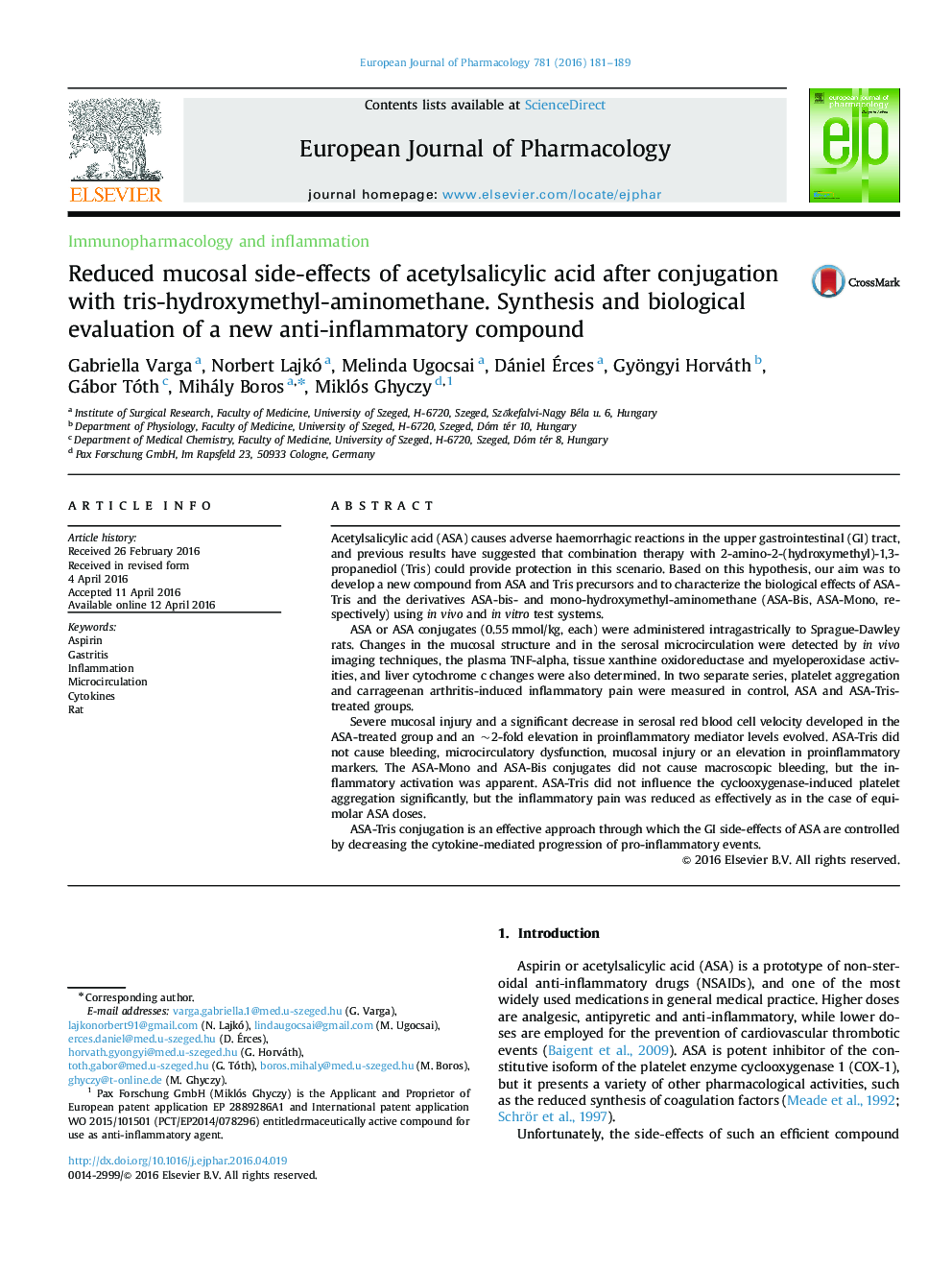 Reduced mucosal side-effects of acetylsalicylic acid after conjugation with tris-hydroxymethyl-aminomethane. Synthesis and biological evaluation of a new anti-inflammatory compound