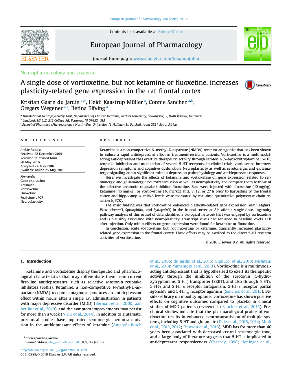 A single dose of vortioxetine, but not ketamine or fluoxetine, increases plasticity-related gene expression in the rat frontal cortex