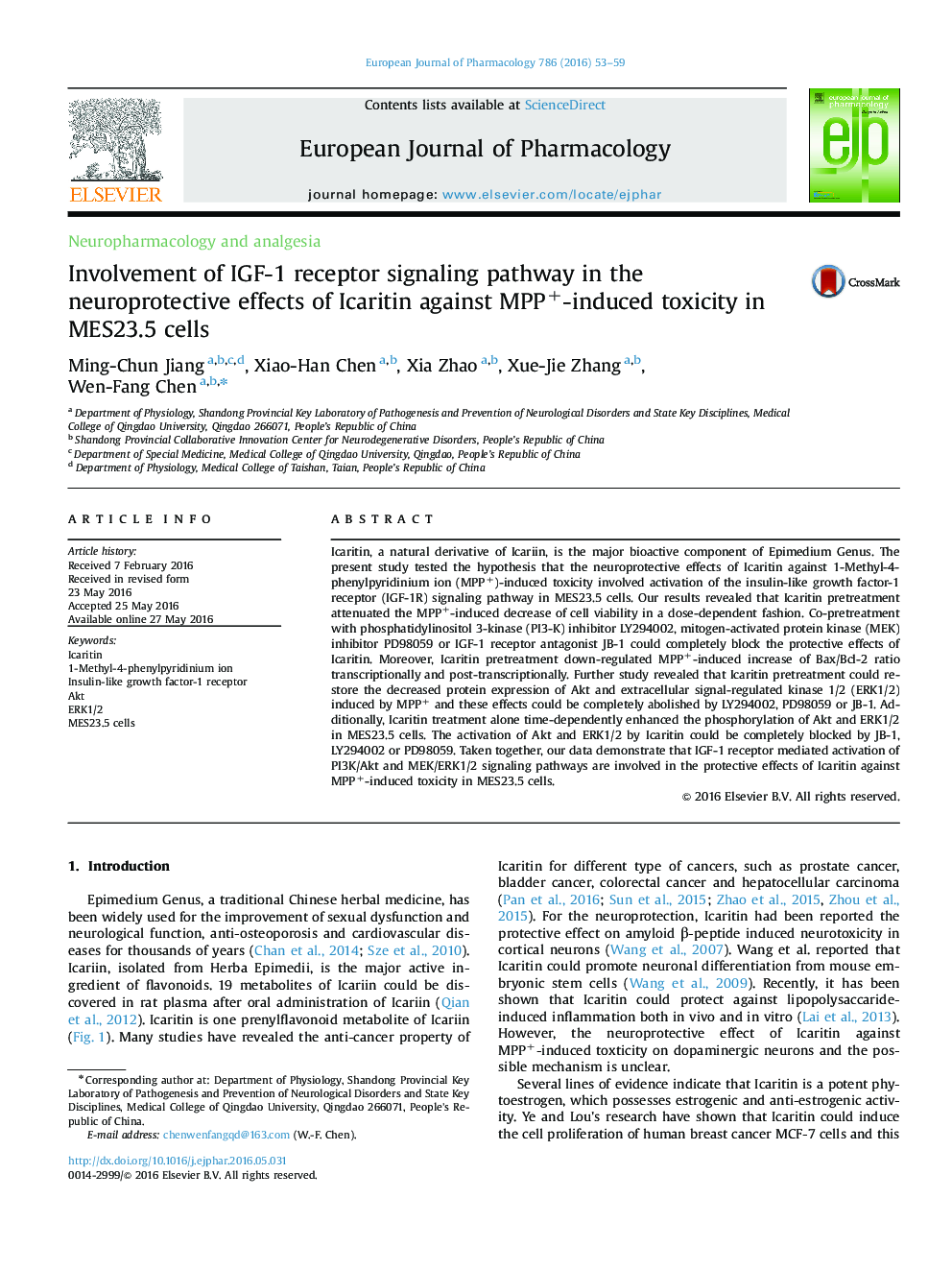 Involvement of IGF-1 receptor signaling pathway in the neuroprotective effects of Icaritin against MPP+-induced toxicity in MES23.5 cells