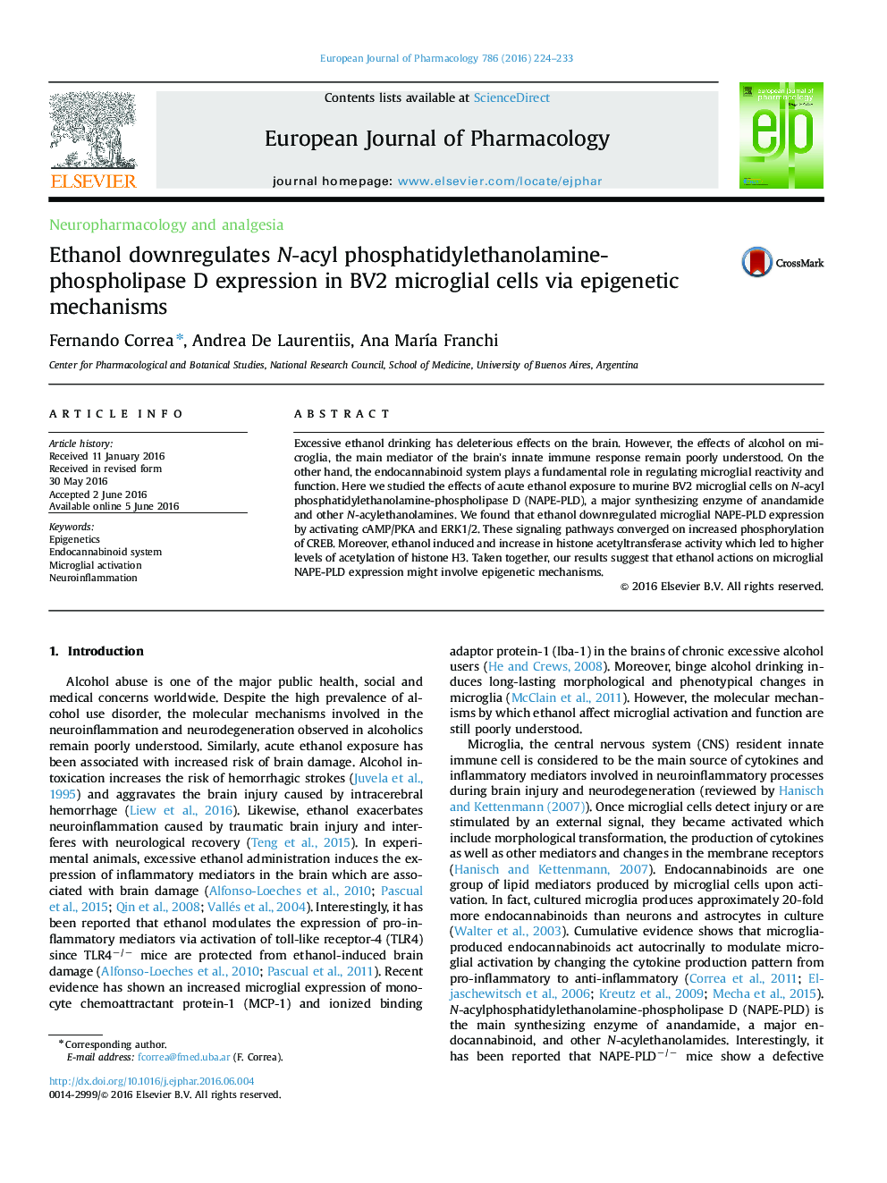 Ethanol downregulates N-acyl phosphatidylethanolamine-phospholipase D expression in BV2 microglial cells via epigenetic mechanisms