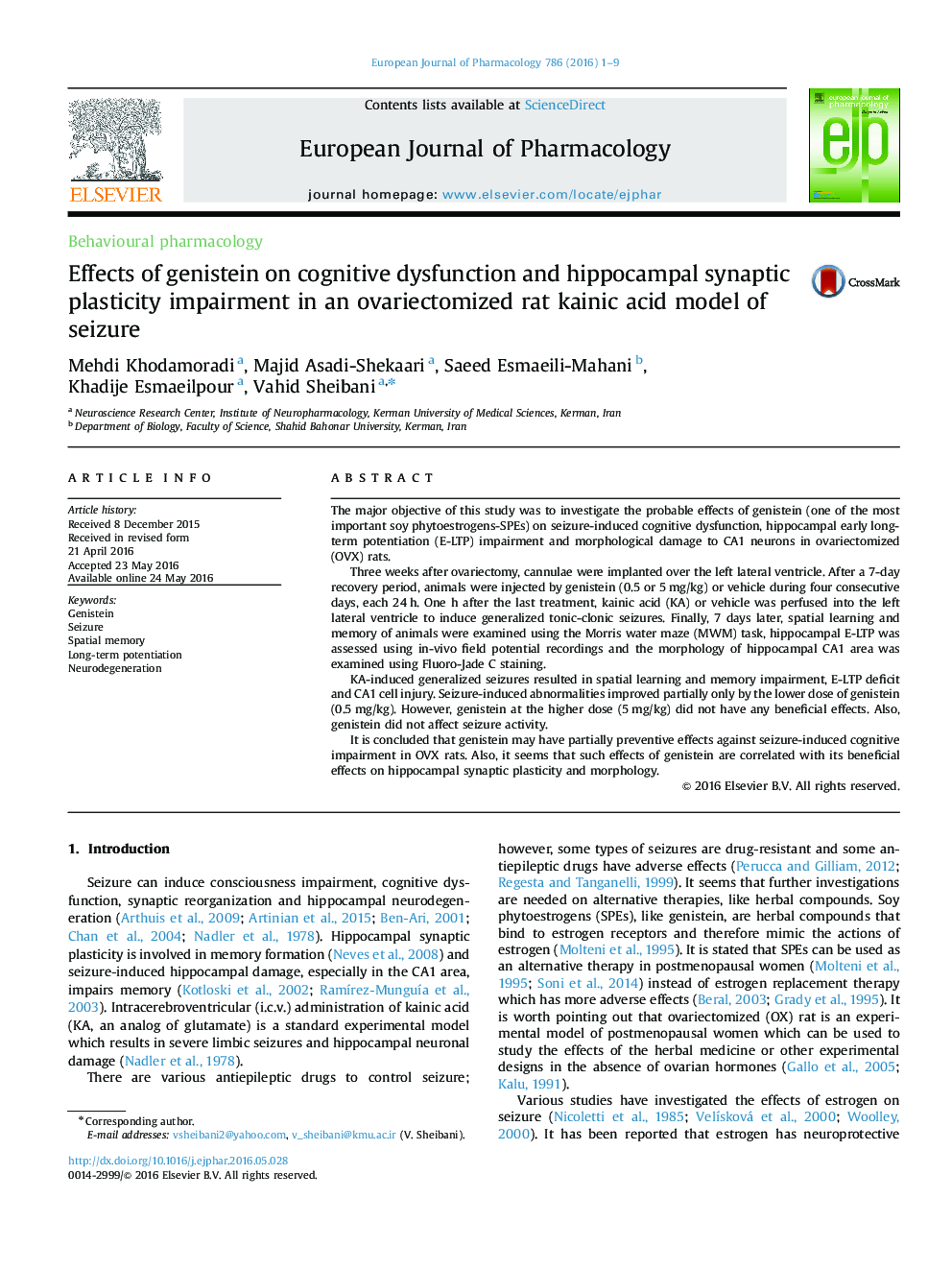 Effects of genistein on cognitive dysfunction and hippocampal synaptic plasticity impairment in an ovariectomized rat kainic acid model of seizure