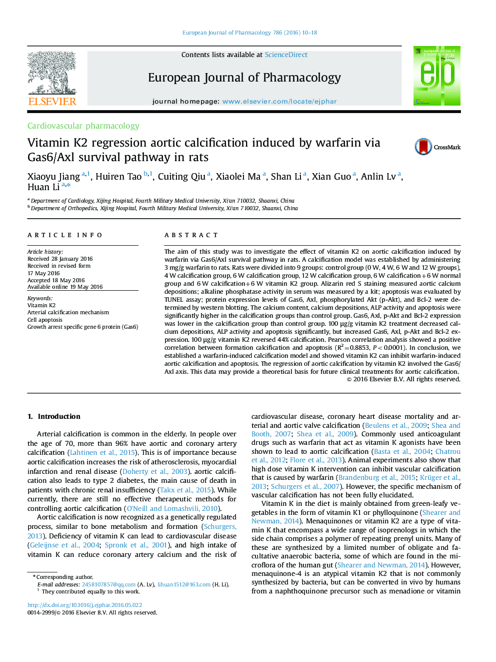 Vitamin K2 regression aortic calcification induced by warfarin via Gas6/Axl survival pathway in rats