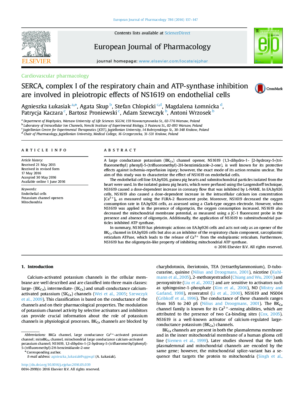 SERCA, complex I of the respiratory chain and ATP-synthase inhibition are involved in pleiotropic effects of NS1619 on endothelial cells