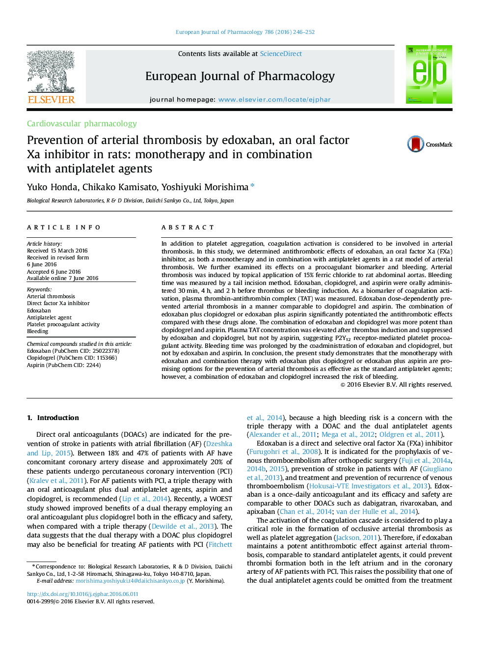 Prevention of arterial thrombosis by edoxaban, an oral factor Xa inhibitor in rats: monotherapy and in combination with antiplatelet agents