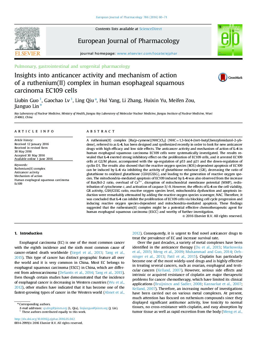 Insights into anticancer activity and mechanism of action of a ruthenium(II) complex in human esophageal squamous carcinoma EC109 cells