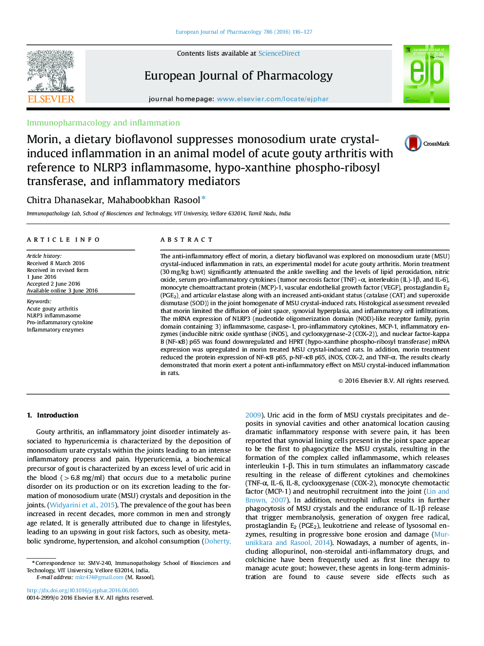 Morin, a dietary bioflavonol suppresses monosodium urate crystal-induced inflammation in an animal model of acute gouty arthritis with reference to NLRP3 inflammasome, hypo-xanthine phospho-ribosyl transferase, and inflammatory mediators