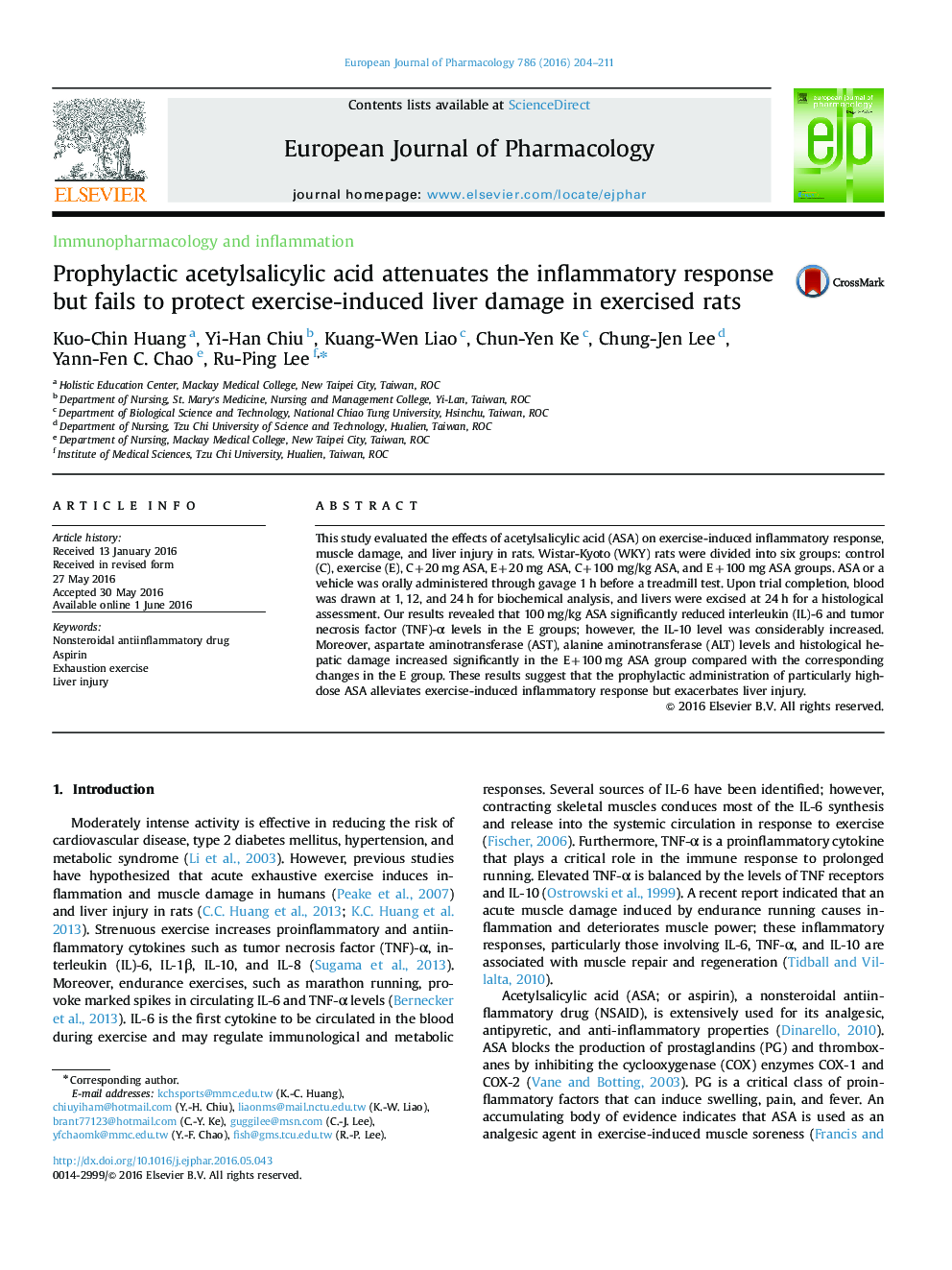 Prophylactic acetylsalicylic acid attenuates the inflammatory response but fails to protect exercise-induced liver damage in exercised rats