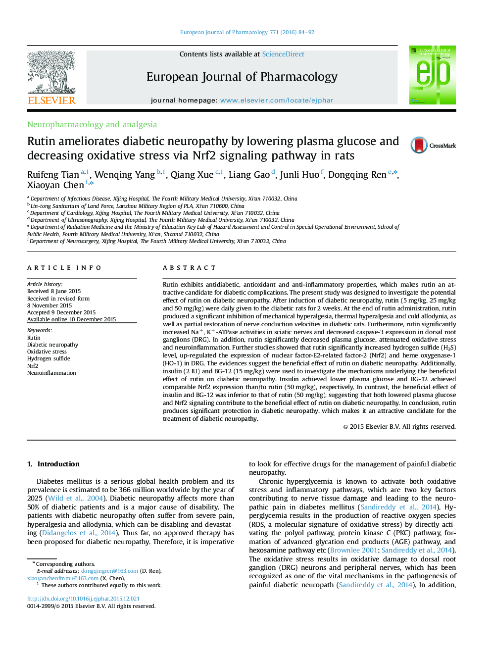 Rutin ameliorates diabetic neuropathy by lowering plasma glucose and decreasing oxidative stress via Nrf2 signaling pathway in rats