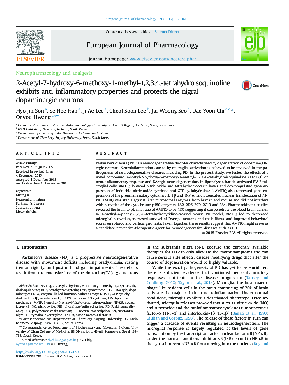 2-Acetyl-7-hydroxy-6-methoxy-1-methyl-1,2,3,4,-tetrahydroisoquinoline exhibits anti-inflammatory properties and protects the nigral dopaminergic neurons