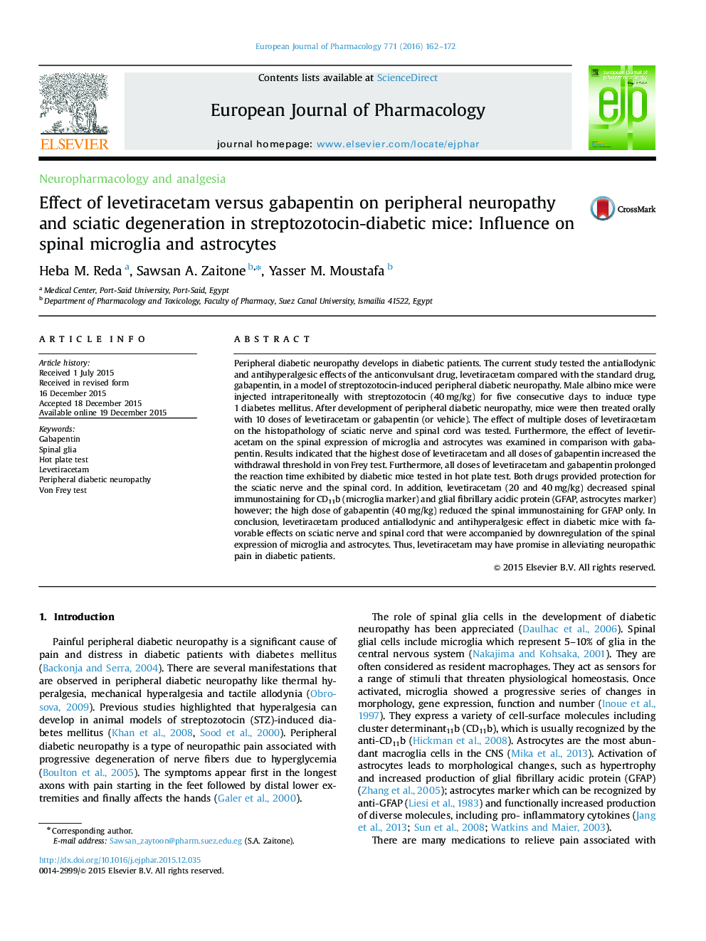 Effect of levetiracetam versus gabapentin on peripheral neuropathy and sciatic degeneration in streptozotocin-diabetic mice: Influence on spinal microglia and astrocytes