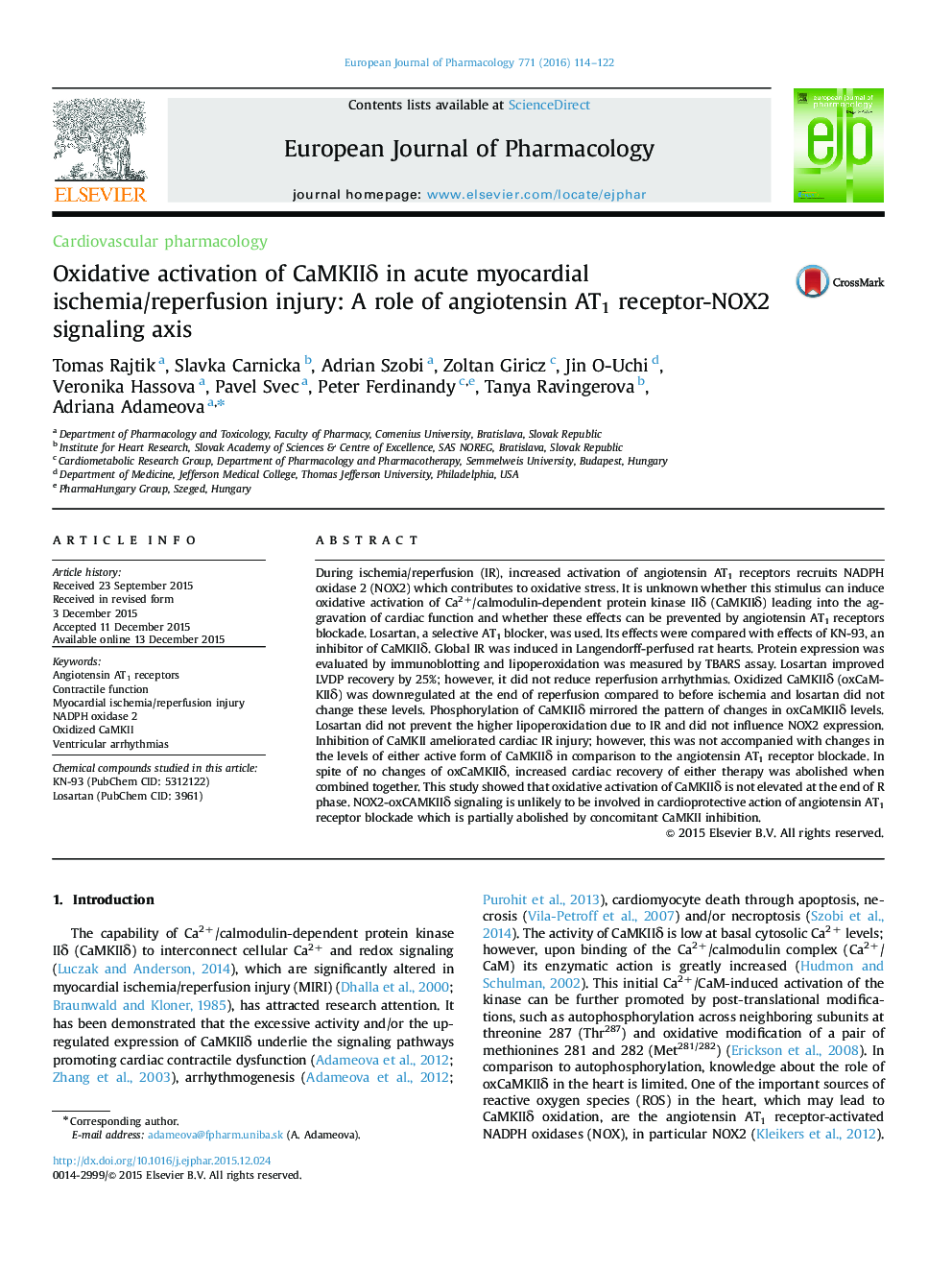 Oxidative activation of CaMKIIδ in acute myocardial ischemia/reperfusion injury: A role of angiotensin AT1 receptor-NOX2 signaling axis