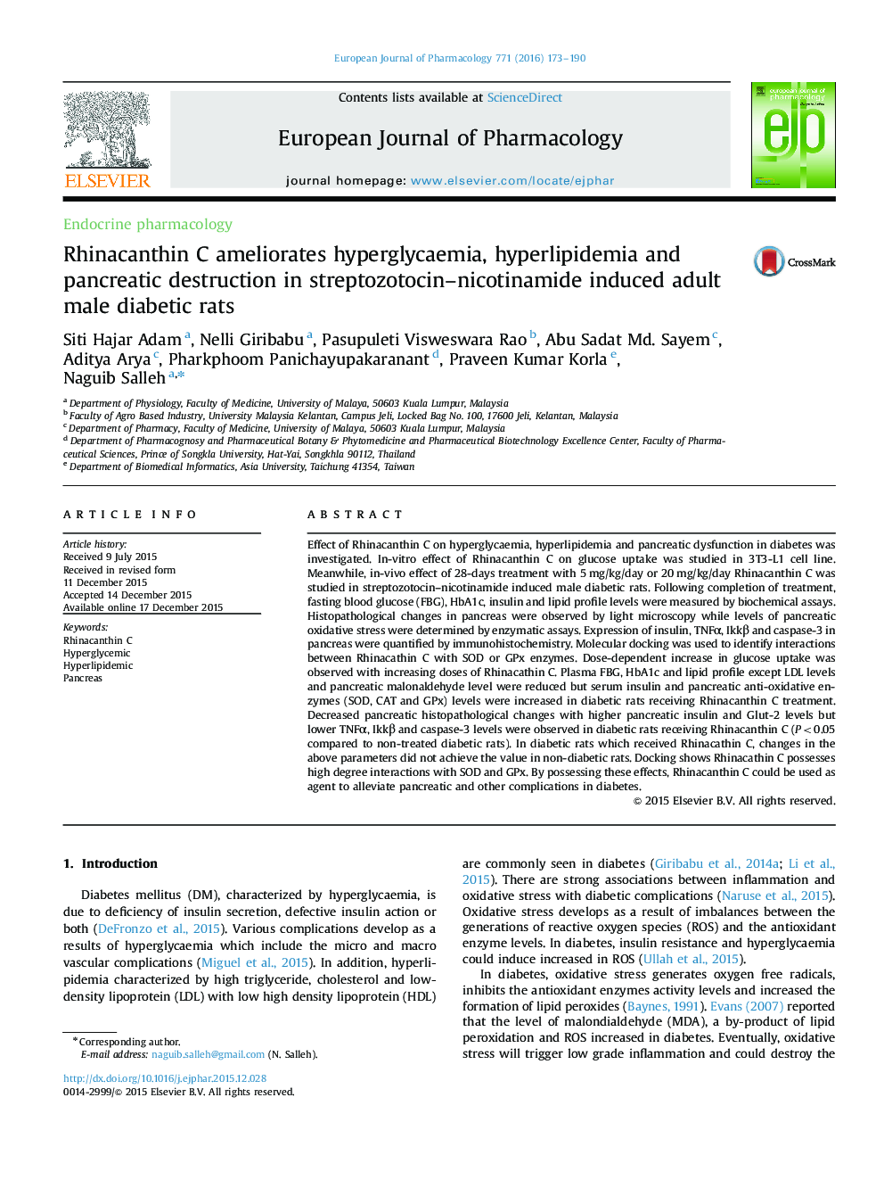 Rhinacanthin C ameliorates hyperglycaemia, hyperlipidemia and pancreatic destruction in streptozotocin–nicotinamide induced adult male diabetic rats