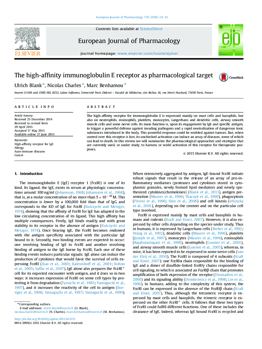 The high-affinity immunoglobulin E receptor as pharmacological target