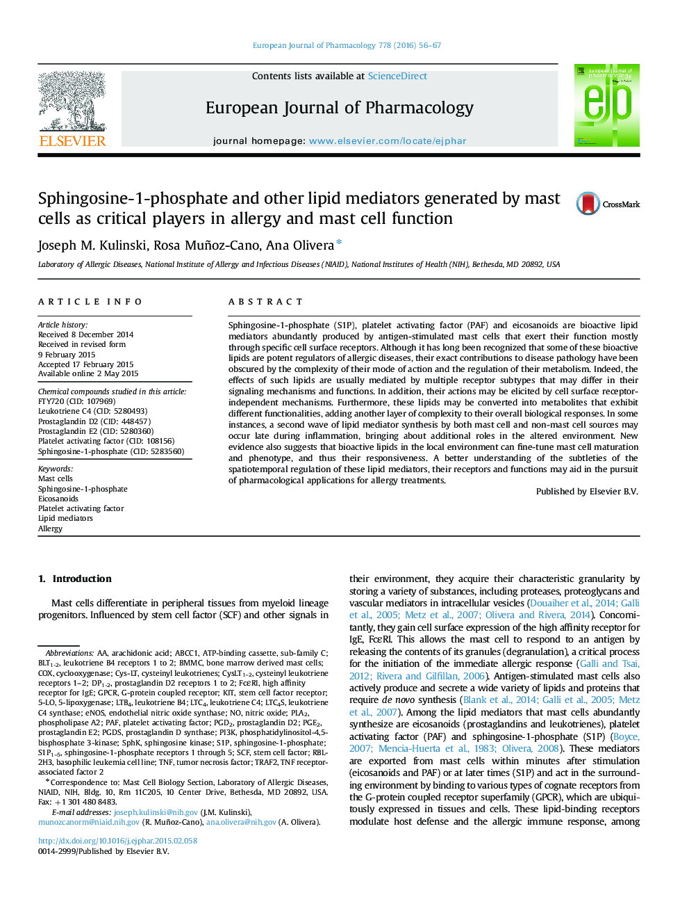 Sphingosine-1-phosphate and other lipid mediators generated by mast cells as critical players in allergy and mast cell function