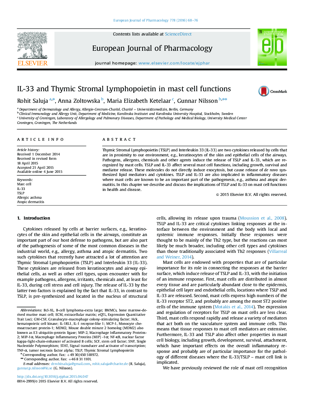 IL-33 and Thymic Stromal Lymphopoietin in mast cell functions