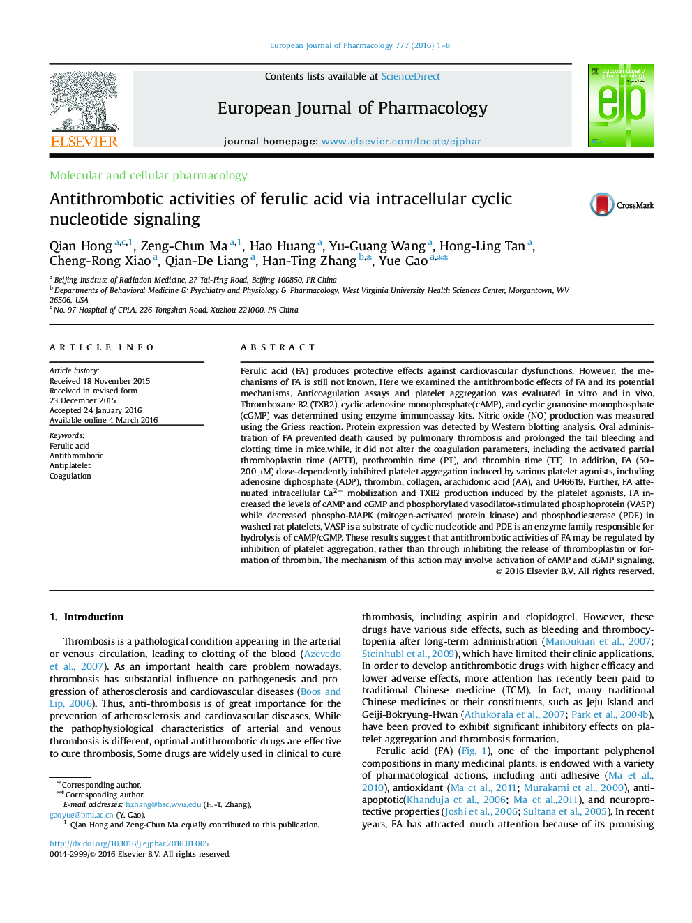 Antithrombotic activities of ferulic acid via intracellular cyclic nucleotide signaling