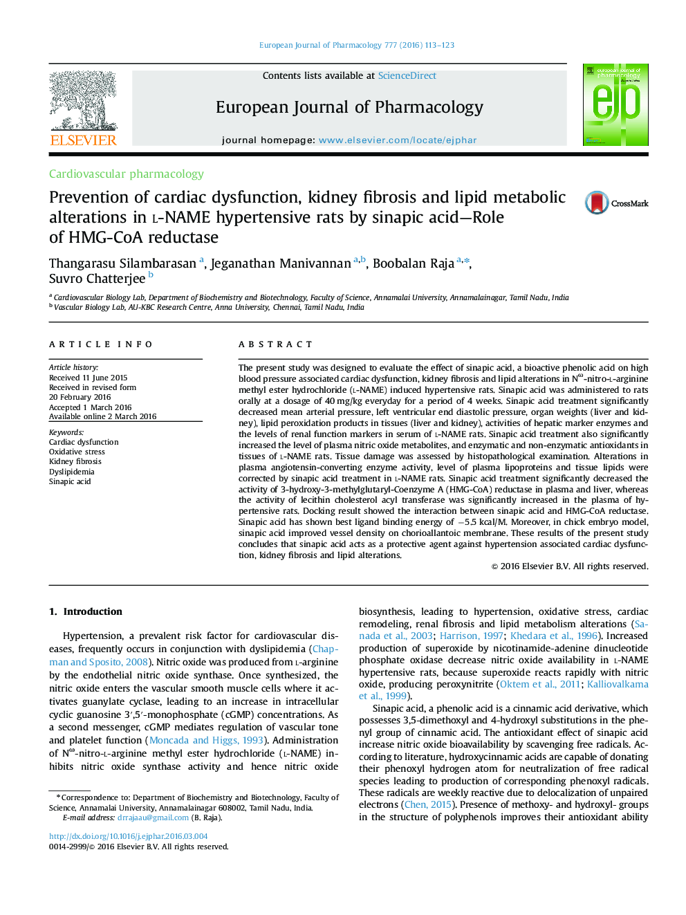 Prevention of cardiac dysfunction, kidney fibrosis and lipid metabolic alterations in l-NAME hypertensive rats by sinapic acid—Role of HMG-CoA reductase